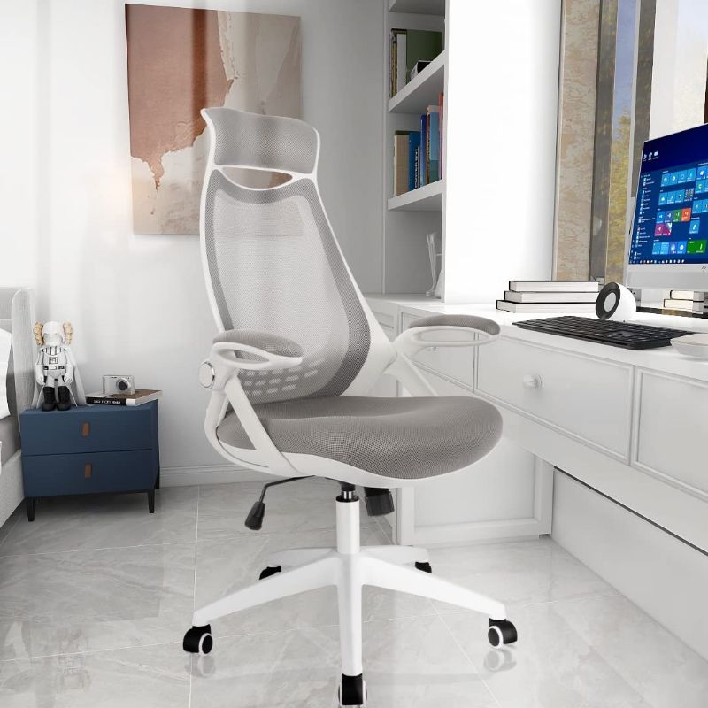 Photo 1 of Hylone Ergonomic Office Desk Chair, High-Back Mesh Computer Chair with Flip Up Arms, Headrest and Lumbar Support, Height Adjustable, Grey
