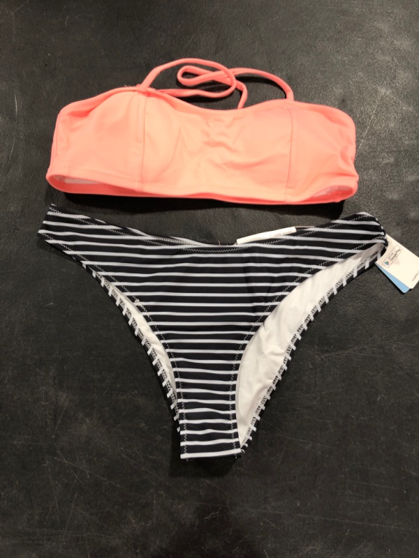 Photo 1 of CUPSHE Pink Bandeau Bikini Top With Stripe Bikini Bottom (M)

