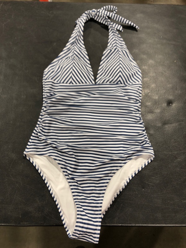 Photo 2 of CUPSHE Blue And White Stripe Halter One Piece Swimsuit (S)
