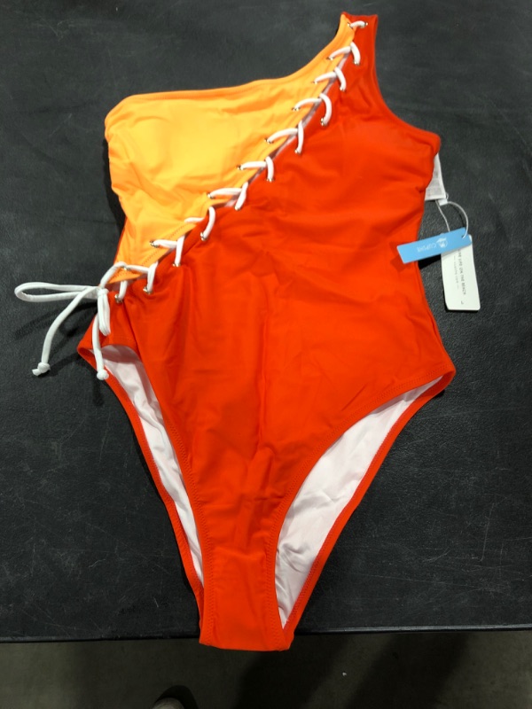 Photo 2 of Colorblock One Shoulder Lace Up One Piece Swimsuit (L)
