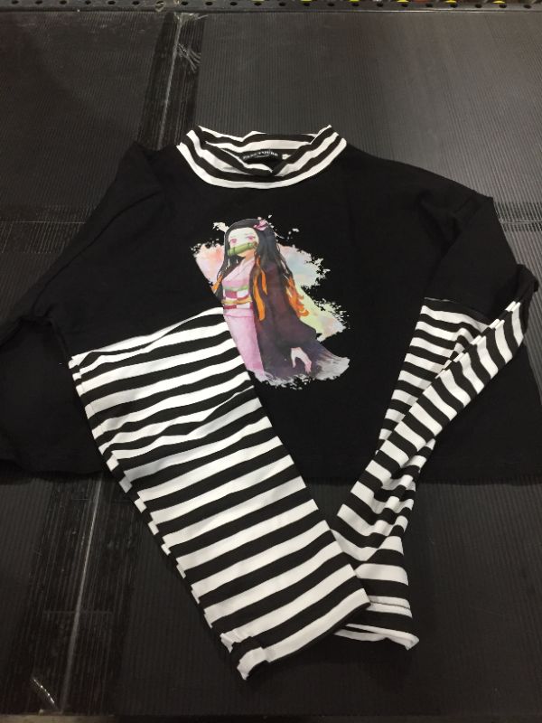 Photo 1 of SHIYAO Anime Demon Slayer Striped Splicing Long Sleeve Crop Top, Women's Graphic Print Top Clothes(Black-M)
