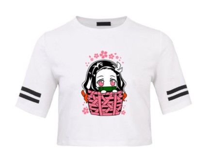 Photo 1 of SHIYAO Demon Slayer Women's Cute Graphic Print Stripe Crop Top Casual Fashion Short Sleeve(White-M)
