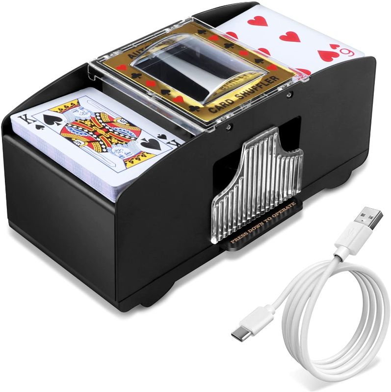 Photo 1 of Automatic Card Shuffler, Electronic Casino Poker Card Shuffling Machine,2 Deck Poker Card Shuffling Machine Battery Operated Plastic Cards Mixer, Cards Playing Tool for Home Party with 1.2M USB Line
