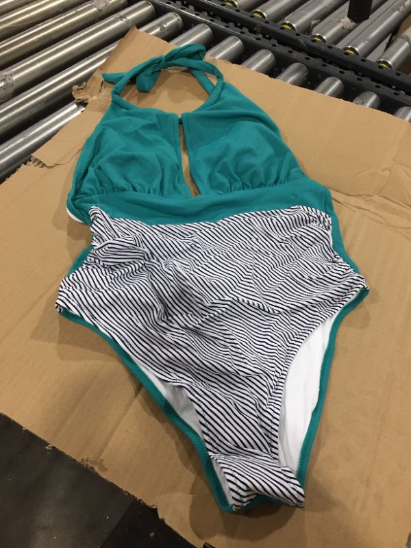 Photo 1 of Aqua Textured And Striped Halter One Piece Swimsuit (LARGE)
