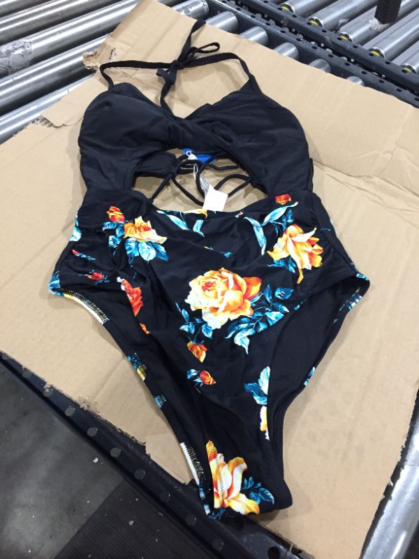 Photo 1 of Black Floral Print Halter One Piece Swimsuit  (L)
