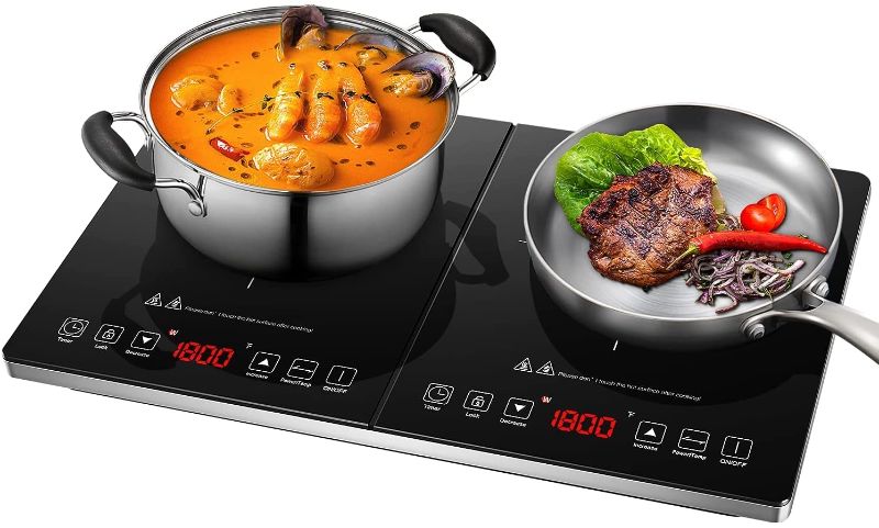 Photo 1 of Electric Cooktop AMZCHEF Double Induction Cooker with 2 Burners, Ultra-thin Body, Independent Control,10 Temperature Levels, Multiple Power Levels, 1800W, 3-hour Timer,Safety Lock,Fashion Design
