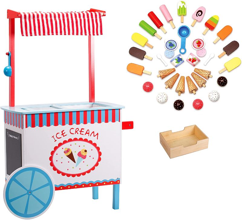 Photo 1 of Ice Cream Cart Kids Playstand- Premium Wood 33+ Piece Realistic Wooden Play Set w Money Box, Chalkboard and 30+ Icecream Accessories
