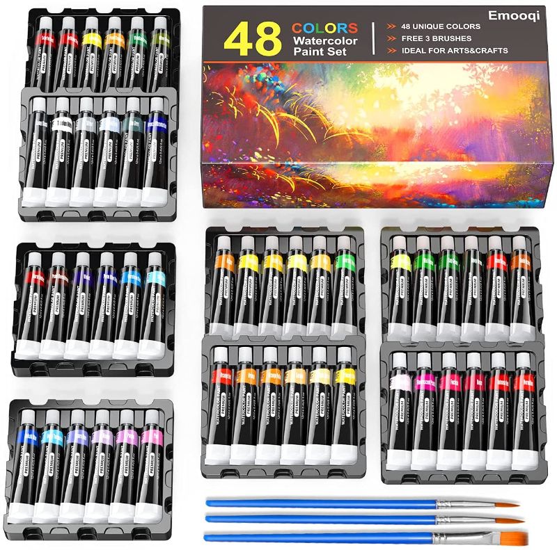 Photo 1 of Watercolor Paint Set by Emooqi - 48 Premium Vibrant Colors Art Pigment Painting Kit , Free 3 Brushes, Great for Kids Adults Artists Professional Painting on Canvas Wood Clay Fabric Ceramic Crafts
