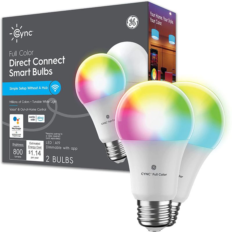 Photo 1 of GE CYNC Smart LED Light Bulbs, Color Changing, Bluetooth and Wi-Fi Enabled, Alexa and Google Assistant Compatible, Dimmable, Standard Bulb Shape (2 Pack)
