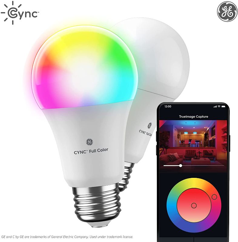 Photo 2 of GE CYNC Smart LED Light Bulbs, Color Changing, Bluetooth and Wi-Fi Enabled, Alexa and Google Assistant Compatible, Dimmable, Standard Bulb Shape (2 Pack)
