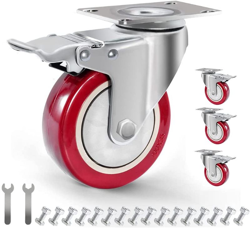 Photo 1 of 4" Plate Caster Wheels Set of 4 1800LB with Screw Safety Dual Locking and Polyurethane Foam No Noise Wheels,Heavy Duty - 450 Lbs Per Caster
