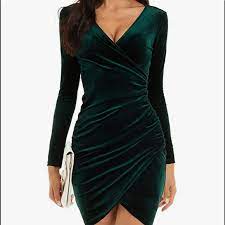 Photo 1 of GUBERRY Womens Wrap V Neck Long Sleeve Velvet Bodycon Ruched Cocktail Party Dress, size L
