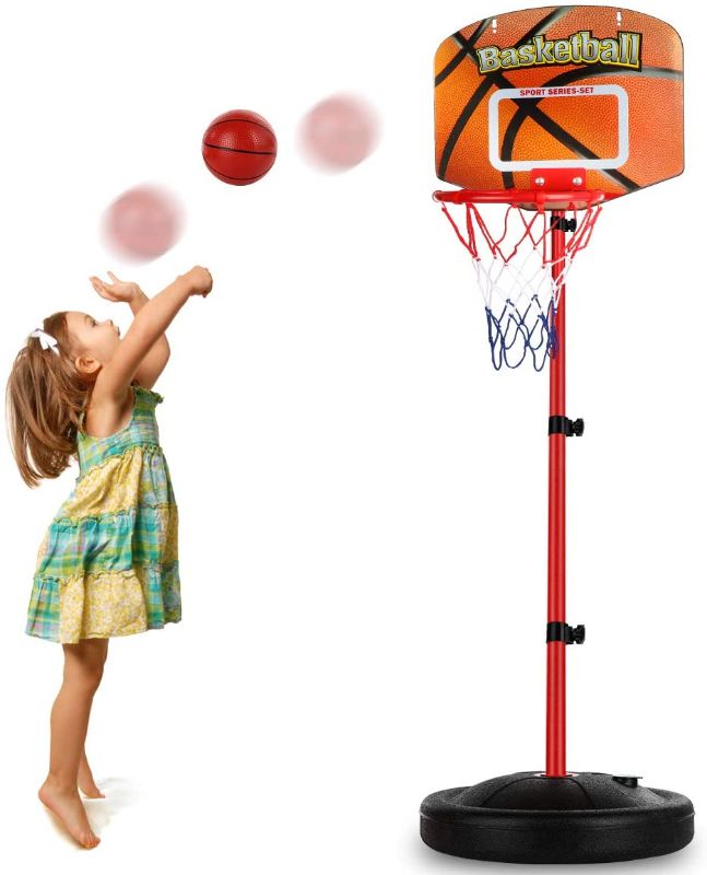 Photo 1 of AugToy Toddler Basketball Hoop Stand Adjustable Height 2.5 ft -5.1 ft Mini Indoor Basketball Goal Toy with Ball Pump for Kids Boys Girls 2 3 4 5 Years Old Outdoor Outside Yard Backyard Games
