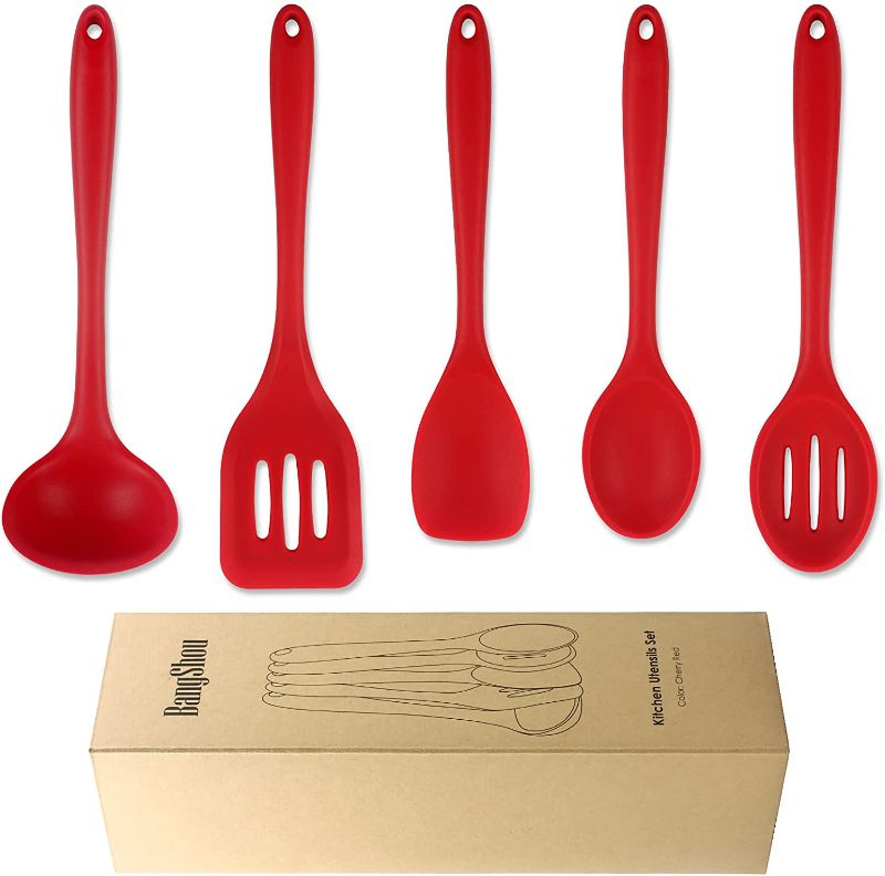 Photo 1 of BangShou 5-Pack Kitchen Utensil Set, Non-Stick Silicone Cooking Utensils Set, Easy To Clean kitchen Utensils Heat Resistant Silicone Cooking Utensils Set, Versatile Kitchen Tools of Spatula Set Red
