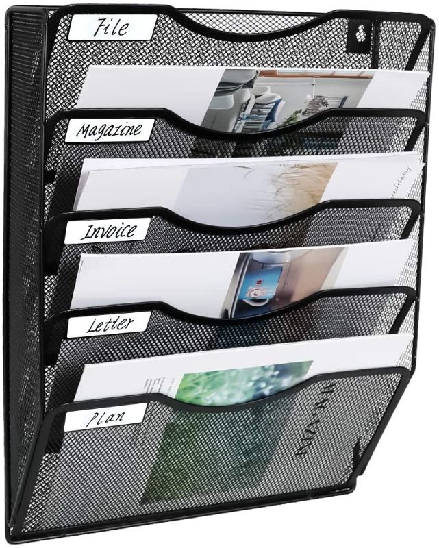 Photo 1 of EasyPAG 5 Pockets Mesh Wall File Holder Office Hanging File Folder Magazine Rack Mail Sorter Bin | Nametag Label Included, Black
