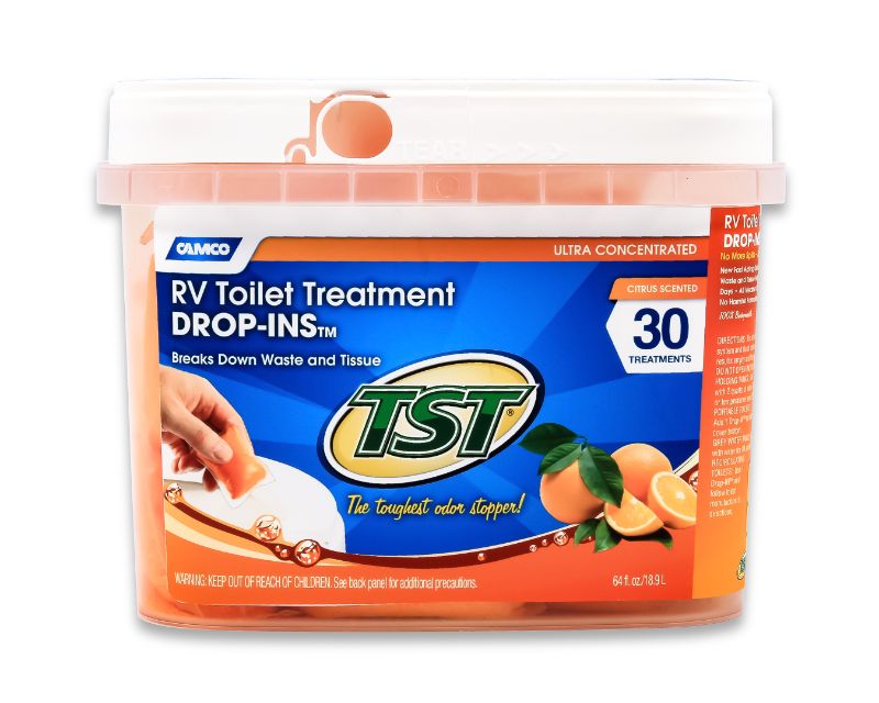 Photo 1 of Camco 41183 TST Orange Citrus Scent RV Toilet Treatment Drop-Ins for RV Use, 30-Pack
