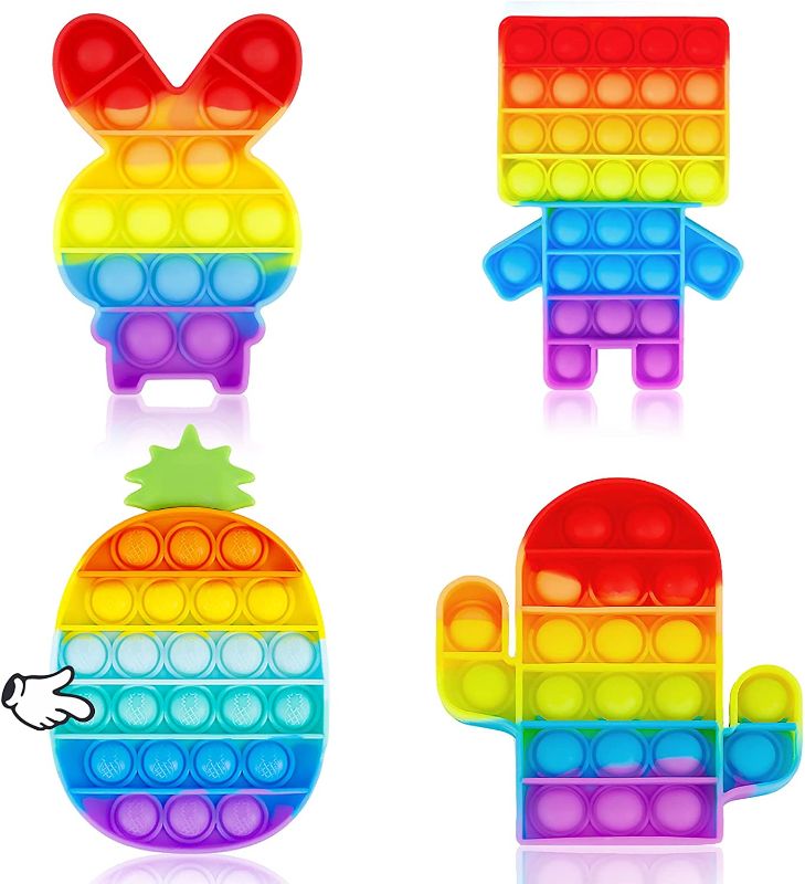 Photo 1 of Wulcea 4 Pack Rainbow Pop Fidget Toy Bubble Sensory Pineapple Bunny Rabbit Robot Cactus Bulk Cute Popper Popet Game Set Animal Silicone Relieves Stress Anxiety ADHD Gift for Boy Kid Grils Teen
