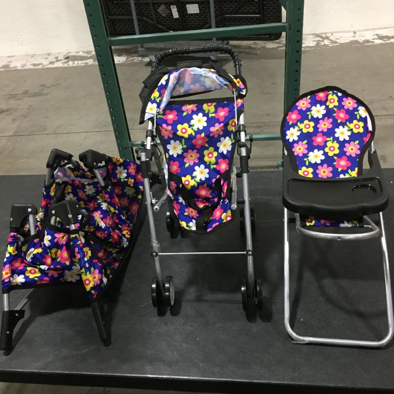 Photo 2 of fash n kolor Doll 3 Piece Play Set Baby Doll Accessories - Includes, 1 Pack N Play. 2 Doll Stroller. 3 Doll High Chair. Fits Up to 18'' Doll (Flower)