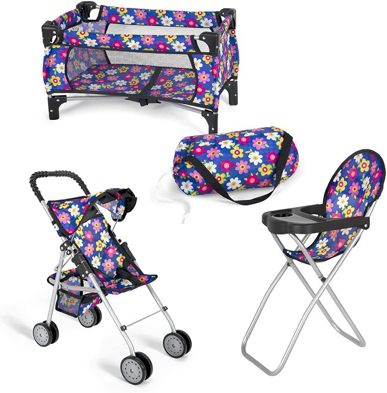 Photo 1 of fash n kolor Doll 3 Piece Play Set Baby Doll Accessories - Includes, 1 Pack N Play. 2 Doll Stroller. 3 Doll High Chair. Fits Up to 18'' Doll (Flower)