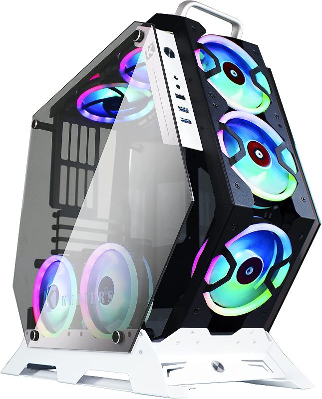 Photo 1 of KEDIERS Computer Case PC Gaming Case ATX Mid Tower Open Case - USB3.0 - Remote Control - 2 Tempered Glass - Cooling System - Airflow - Cable Management C-570 (7 RGB Fans, White)