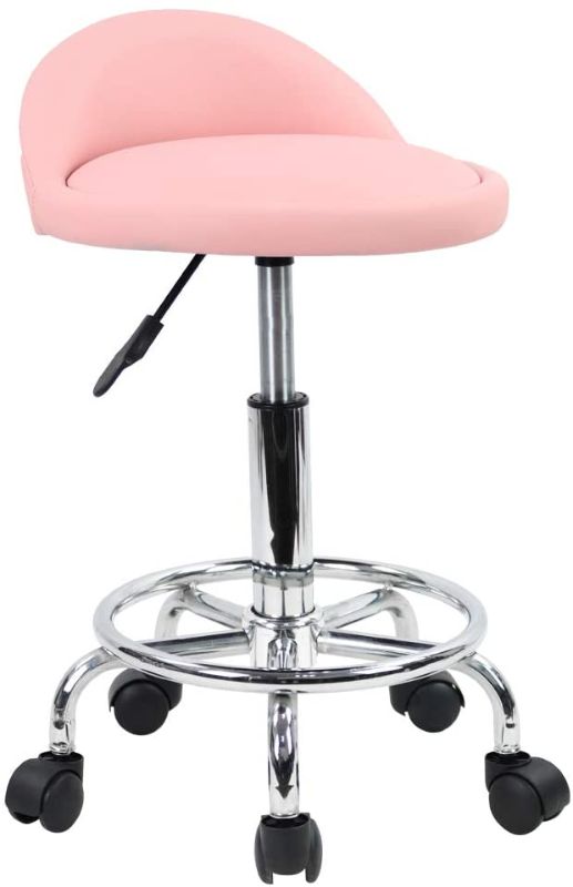 Photo 1 of KKTONER PU Leather Round Rolling Stool with Foot Rest Height Adjustable Swivel Drafting Work SPA Task Chair with Wheels (Pink)