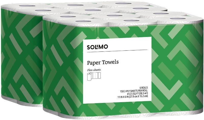 Photo 1 of Amazon Brand - Solimo Basic Flex-Sheets Paper Towels, 12 Value Rolls, White, 150 Sheets per Roll (New Version)