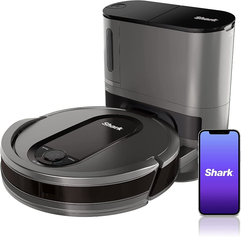 View 1 of Shark AV911S EZ Robot Vacuum with Self-Empty Base, Bagless, Row-by-Row Cleaning, Perfect for Pet Hair, Compatible with Alexa, Wi-Fi, Gray