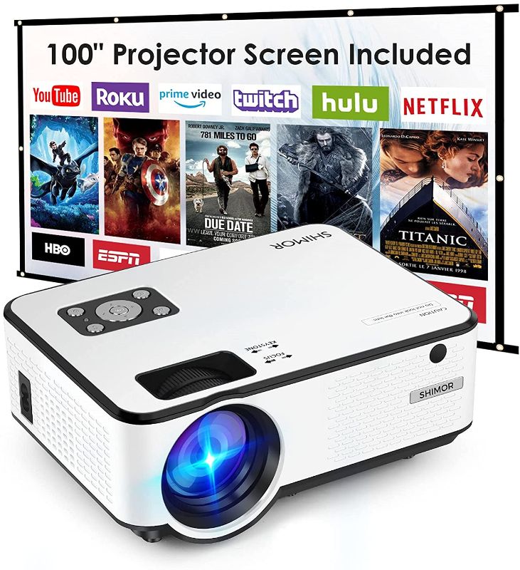 Photo 1 of Mini Projector, SHIMOR C9 7500L HD Outdoor Movie Projector with 100 Inch Projector Screen, 1080P Supported Compatible with TV Stick, Video Games, HDMI, USB, AUX, AV, PS4, Laptop, Smartphone