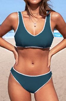 Photo 1 of 4pk CUPSHE Women's Bikini Swimsuit Teal White Crochet Trim Sporty Set, Medium