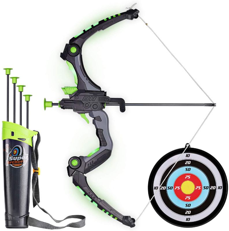 Photo 1 of SainSmart Jr. Kids Bow and Arrows, Light Up Archery Set for Kids Outdoor Hunting Game with 5 Durable Suction Cup Arrows, Luminous Bow and Sighting Device, Green