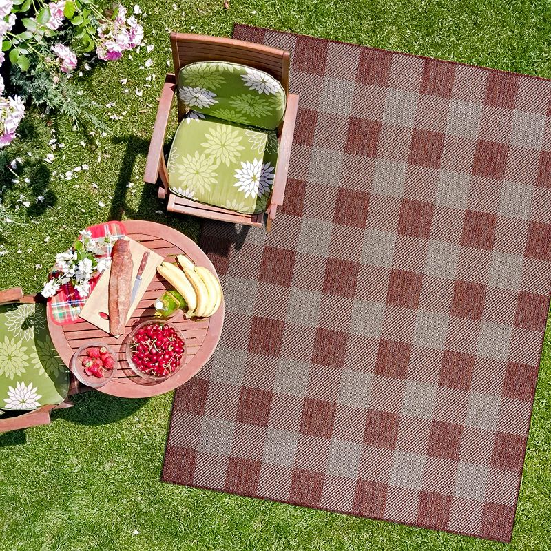Photo 1 of CAMILSON Buffalo Plaid Outdoor Rug – Check Area Rugs for Indoor and Outdoor Patios, Checkered Pattern Mats for Kitchen and Hallway - Washable Outside Carpet (8x10, Copper / Grey)
