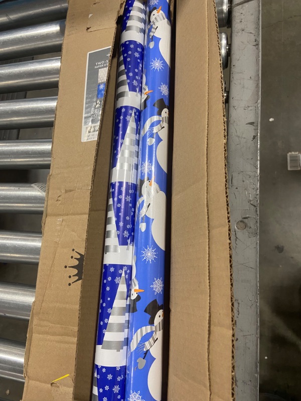 Photo 2 of Barcode for Hallmark Holiday Reversible Wrapping Paper Bundle, Blue and Silver Snowmen, Snowflakes, Christmas Trees 2 Rolls
