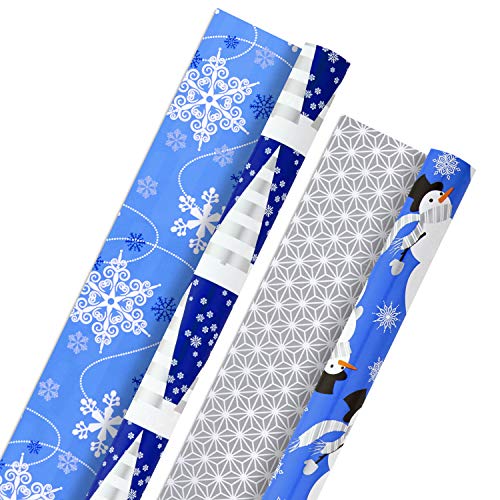 Photo 1 of Barcode for Hallmark Holiday Reversible Wrapping Paper Bundle, Blue and Silver Snowmen, Snowflakes, Christmas Trees 2 Rolls
