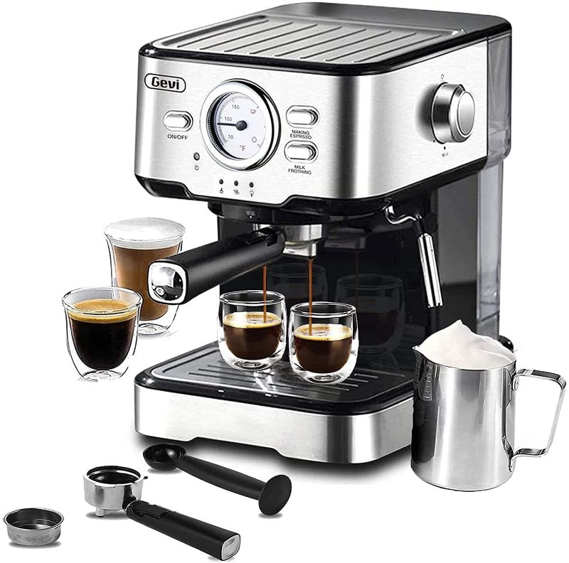 Photo 1 of Gevi Espresso Machine 15 Bar Pump Pressure, Expresso Coffee Machine With Milk Frother Steam Wand, Espresso and Cappuccino Maker, 1.5L Water Tank, For Home Barista, 1100W, Black
