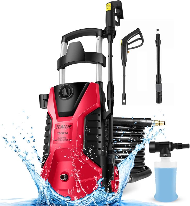 Photo 1 of TEANDE Pressure Washer Electric Pressure Washer 1.9 GPM Portable High Power Washer with Adjustable Spray Nozzle, Foam Cannon,for Cleaning Cars,Homes,Decks,Driveways,Patios (Red)
