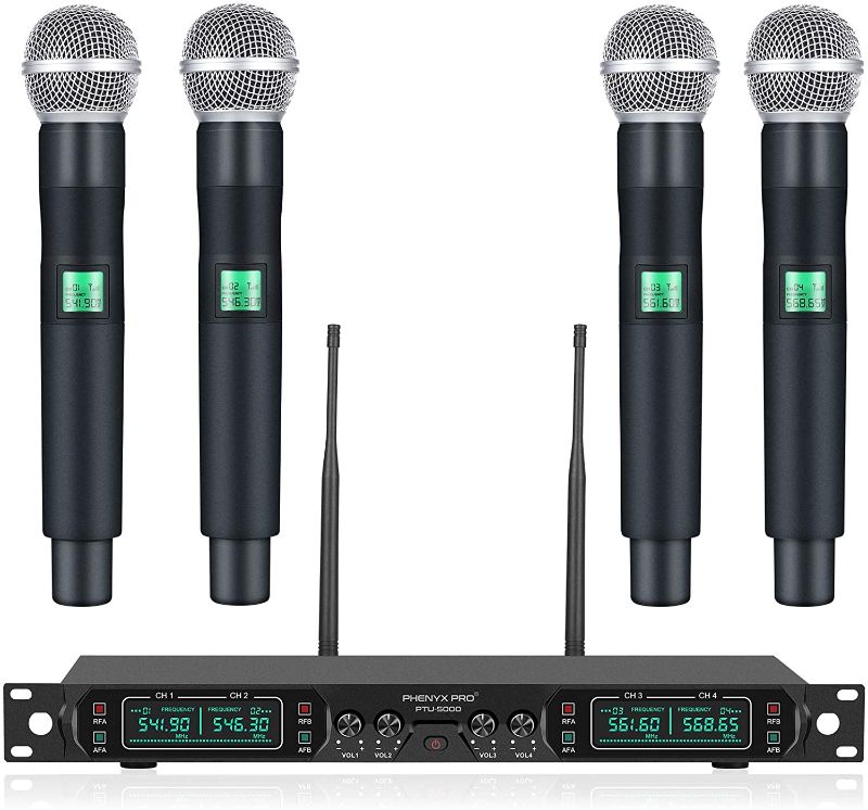 Photo 1 of Wireless Microphone System, Phenyx Pro 4-Channel UHF Cordless Mic Set With Four Handheld Mics, All Metal Build, Fixed Frequency, Long Range 260ft, Ideal for Church,Karaoke,Weddings, Events (PTU-5000A)
