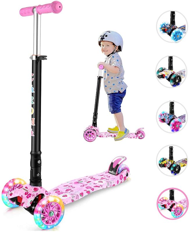 Photo 1 of Kick Scooter for Kids Ages 3-12, 3 Wheel Toddler Scooters, 4 Height Adjustable, Extra-Wide Deck, Light-Up Wheels, Folding Kids Scooter for Children Boys Girls Learn to Steer from 3 to 12 Year Old
