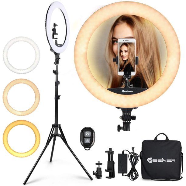 Photo 1 of Yesker Ring Light 18 Inch LED Ringlight Kit with 73 inch Tripod Stand with Phone Holder Adjustable 3200-6000k Color Temperature Circle MUA Lighting for Camera for Vlog, Makeup, YouTube