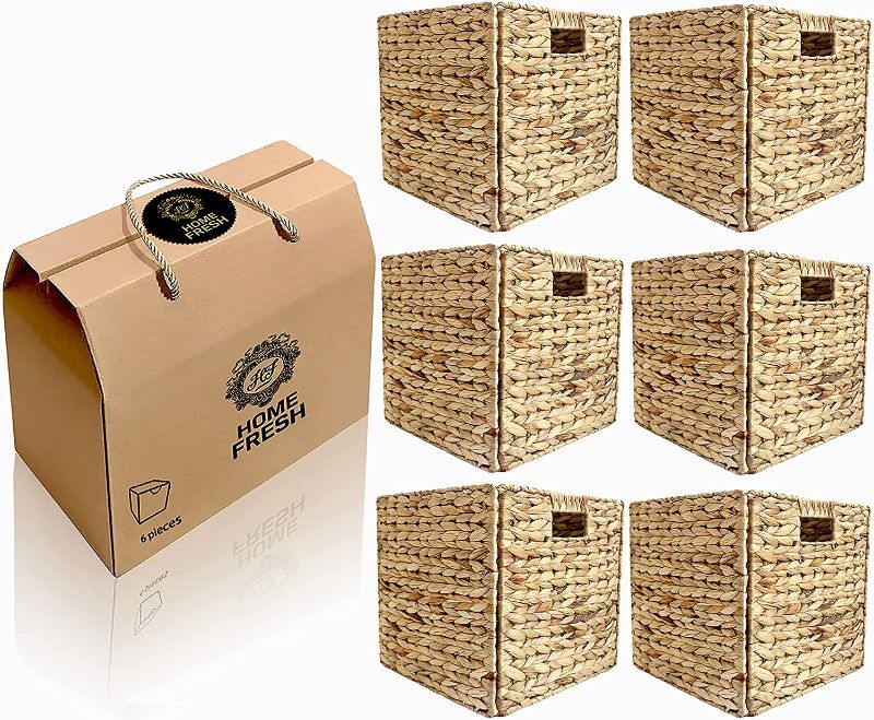 Photo 1 of Home Fresh Large 6 Pack 12.5x12.5x12.5 Inch Natural Woven Water Hyacinth Storage Organizer Basket Bin - Collapsible -for Cube Furniture Shelving Wicker Baskets ,Square Rattan Bins For Storage shelves