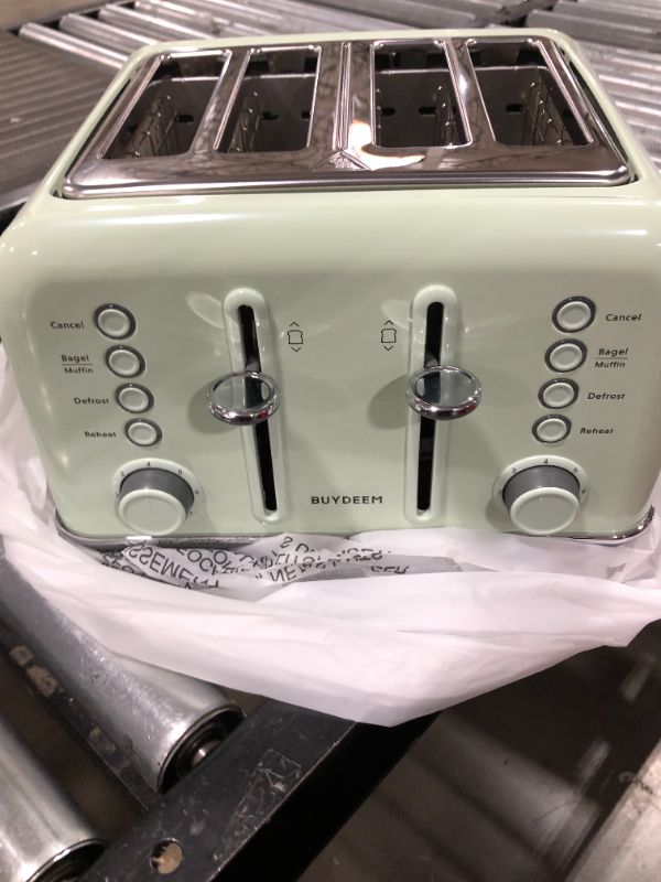 Photo 2 of BUYDEEM DT-640 4-Slice Toaster, Extra Wide Slots, Retro Stainless Steel with High Lift Lever, Bagel and Muffin Function, Removal Crumb Tray, 7-Shade Settings (Cozy Greenish)