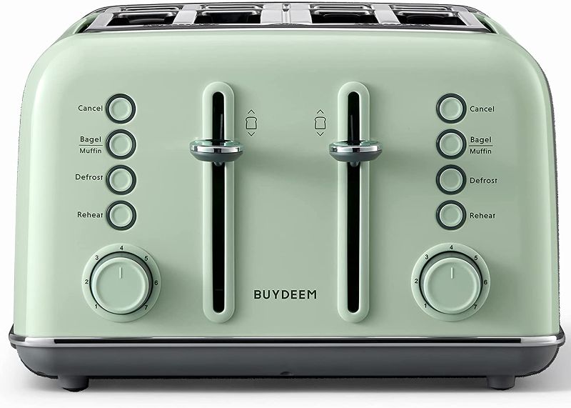 Photo 1 of BUYDEEM DT-640 4-Slice Toaster, Extra Wide Slots, Retro Stainless Steel with High Lift Lever, Bagel and Muffin Function, Removal Crumb Tray, 7-Shade Settings (Cozy Greenish)