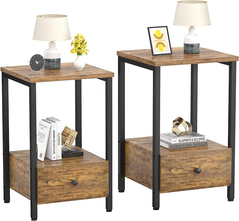 Photo 1 of Ecoprsio Nightstands Set of 2, Bedside Table with Drawer End Table with Storage Shelf, Modern Night Stand for Bedroom Living Room, Rustic
