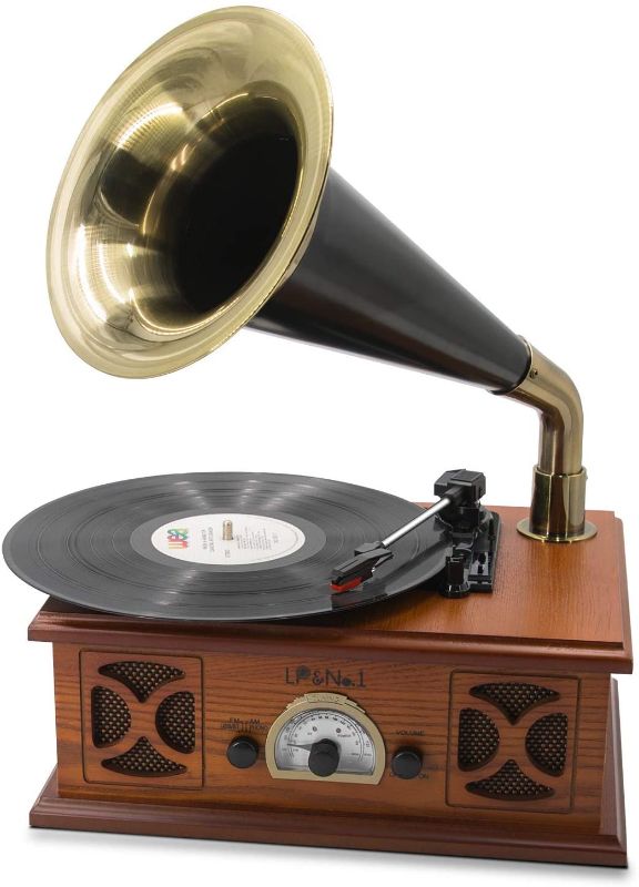 Photo 1 of LP&NO.1 Vintage Record Player, Retro Turntable Gramophone with Built-in BT 4.0,Support USB and Radio(FM/AM) (Brown Wood)
