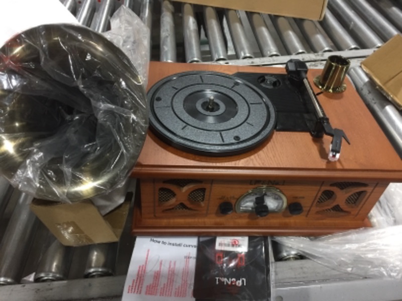 Photo 2 of LP&NO.1 Vintage Record Player, Retro Turntable Gramophone with Built-in BT 4.0,Support USB and Radio(FM/AM) (Brown Wood)
