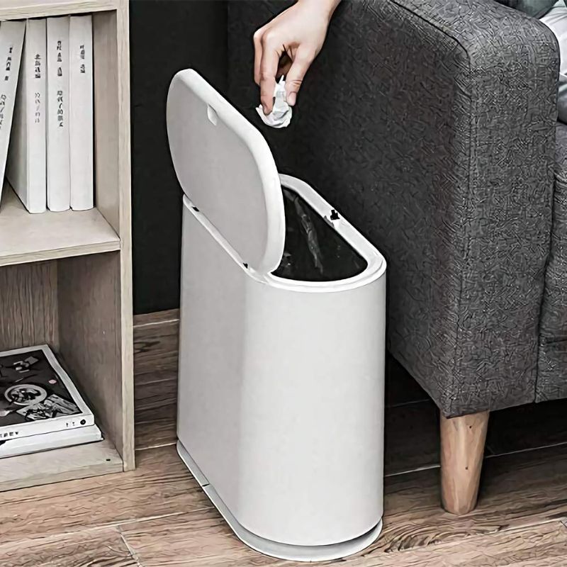 Photo 1 of Trash Can, 10 Liter / 2.4 Gallon Plastic Slim Garbage Container Bin with Press Top Lid, White Waste Basket for Kitchen, Bathroom, Living Room, Office, Narrow Place(Ivory White?
