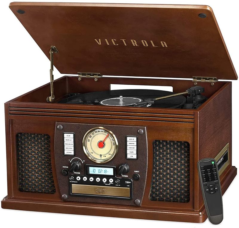 Photo 1 of Victrola 8-in-1 Bluetooth Record Player & Multimedia Center, Built-in Stereo Speakers - Turntable, Wireless Music Streaming, Real Wood | Espresso