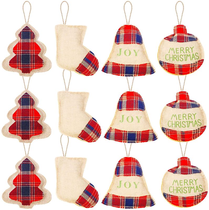 Photo 1 of Cllayees 12 Pack Christmas Tree Burlap Ornaments Set, 4.8" Christmas Hanging Xmas Tree Stocking Gift Bag Decor for Xmas Home Party Decorations, 4 Styles