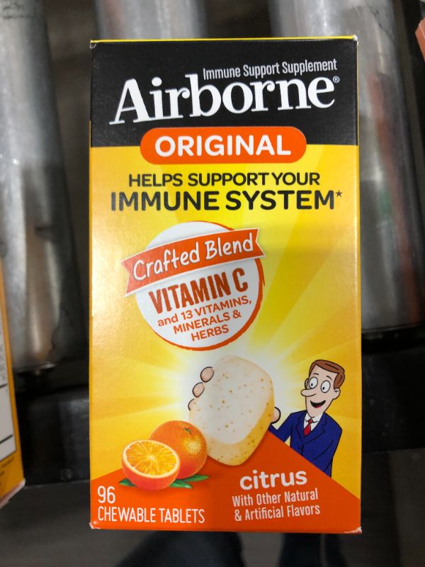 Photo 2 of Airborne 1000mg Vitamin C Chewable Tablets with Zinc, Immune Support Supplement with Powerful Antioxidants Vitamins A C & E - (96 count bottle), Citrus Flavor, Gluten-Free