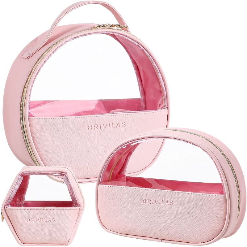 Photo 1 of 3 Pieces Makeup Bags for Women Travel Makeup Bag Organizer Portable Cosmetic Bags Transparent Storage Toiletry Bag (Pink)
