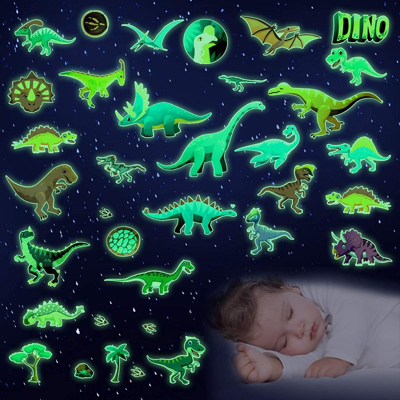 Photo 1 of 34 Pieces of The Dark Dinosaur Wall Decals Dinosaur Glow Wall Stickers, for Kids Room Bedroom Living Room Classroom Home Decoration Birthday Party (Green Glow)